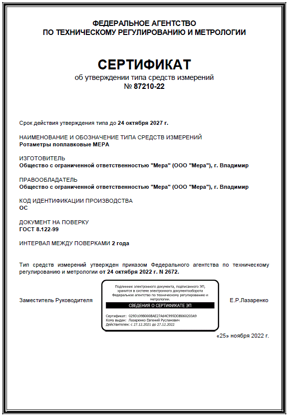 Сертификат об утверждении типа средств измерений ротаметров серии LZS-E